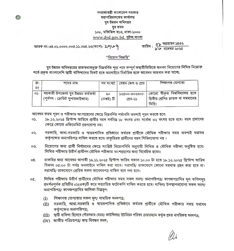 যুব উন্নয়ন অধিদপ্তর নিয়োগ বিজ্ঞপ্তি 2025