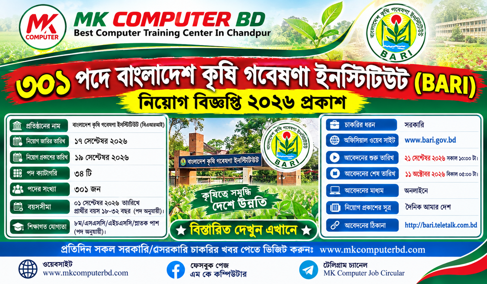 ৩০১ পদে বাংলাদেশ কৃষি গবেষণা ইনস্টিটিউট (BARI) নিয়োগ বিজ্ঞপ্তি ২০২৬ প্রকাশ